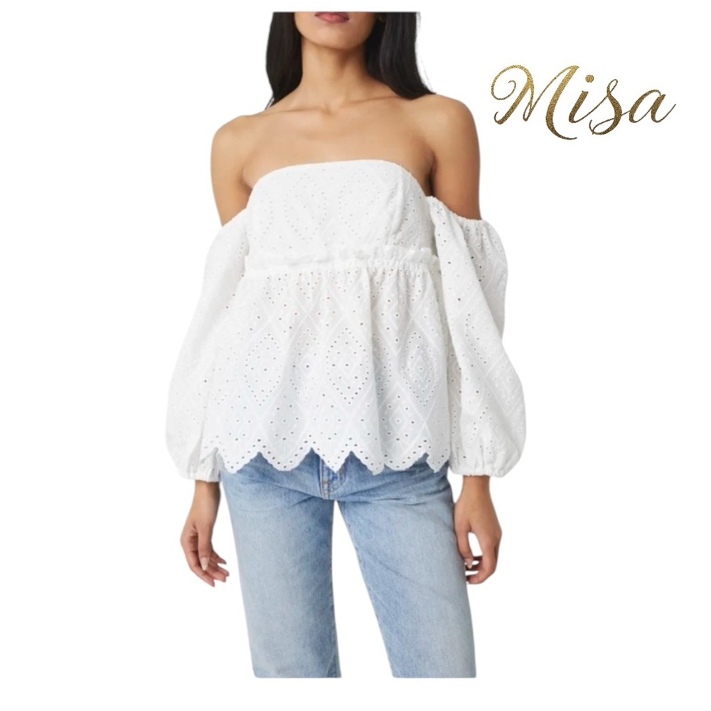 MISA Sera Off-the-shoulder Scalloped Eyelet Top - Size Small